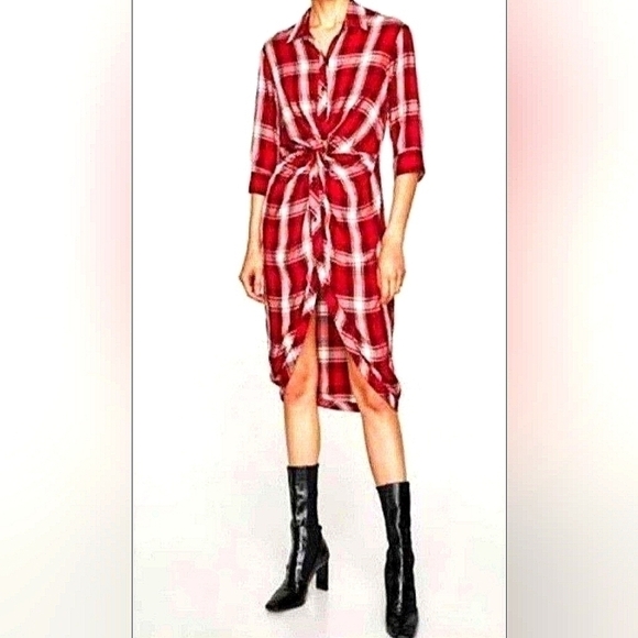 Zara Premium Denim Collection  Plaid Twist Knot Midi Dress M (D5.12.8) - Picture 1 of 6